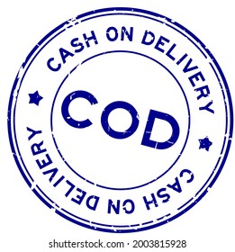 Grunge blue cod (cash on delivery or cash on demand) word round rubber seal stamp on white background