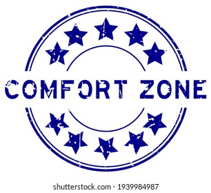 Grunge blue comfort zone word with star icon round rubber seal stamp on white background