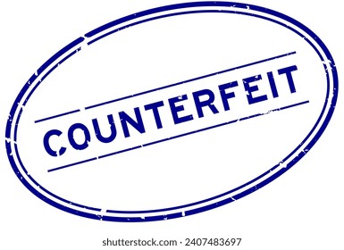 Grunge blue counterfeit word oval rubber stamp in white background