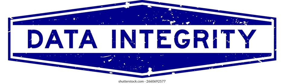Grunge azul integridade dos dados palavra hexágono borracha selo selo no fundo branco