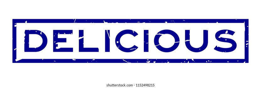 Grunge blue delicious word square rubber seal stamp on white background