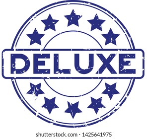 Grunge blue deluxe word with star icon round rubber seal stamp on white background