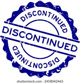 Grunge blue discontinued word round rubber seal stamp on white background