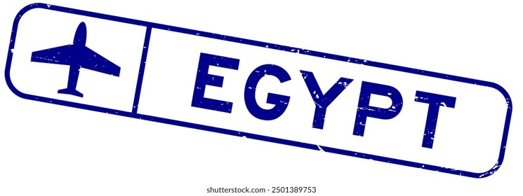 Grunge blue egypt word with plane icon square rubber seal stamp on white background