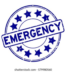 Grunge blue emergency with star icon round rubber stamp