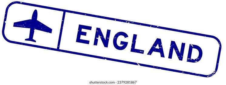 Grunge blue england word with plane icon square rubber seal stamp on white background