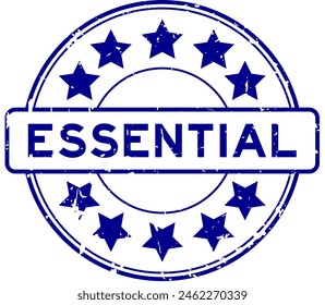 Grunge blue essential word with star icon round rubber seal stamp on white background