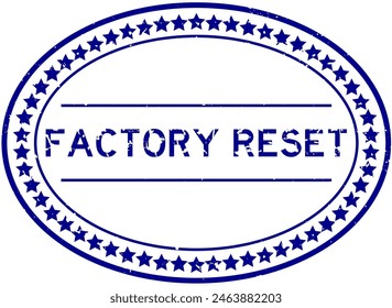 Grunge blue factory reset word oval rubber seal stamp on white background