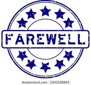 Grunge blue farewell word with star icon round rubber seal stamp on white background