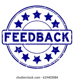Grunge blue feedback with star icon round rubber seal stamp