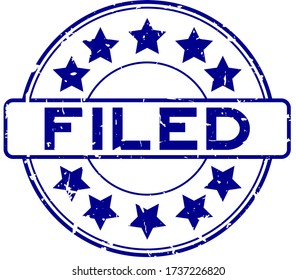 Grunge blue filed word with star icon rubber seal stamp on white background