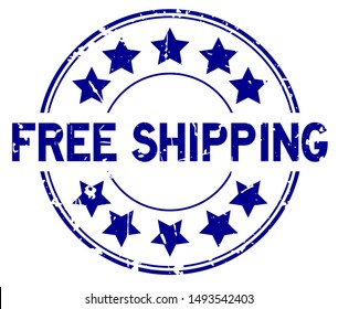 Grunge blue free shipping word with star icon round rubber seal stamp on white background