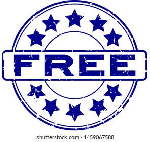 Grunge blue free word with star icon round rubber seal stamp on white background