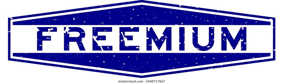 Grunge blue freemium word hexagon rubber seal stamp on white background