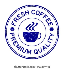 Grunge blue fresh coffee premium quality and cup icon rubber stamp