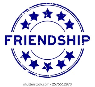 Grunge blue friendship word with star icon round rubber seal stamp on white background