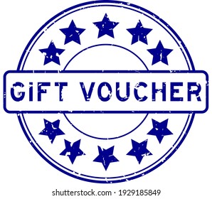 Grunge blue gift voucher word with star icon round rubber seal stamp on white background