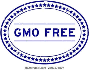 Grunge blue GMO (abbreviation of Genetically Modified Organisms) free word oval rubber seal stamp on white background