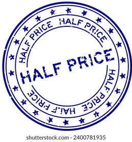 Grunge blue half price word round rubber seal stamp on white background