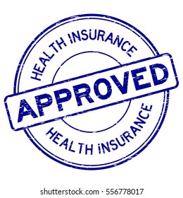 Grunge blue health insurance approved round rubber stamp on white background