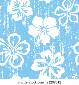 Grunge, blue hibiscus seamless tile pattern.