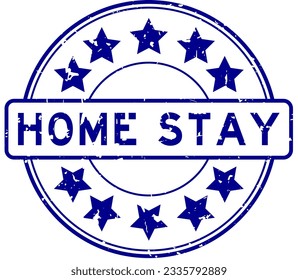 Grunge blue home stay word with star icon round rubber seal stamp on white background