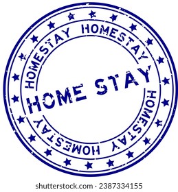 Grunge blue home stay word with star icon round rubber seal stamp on white background