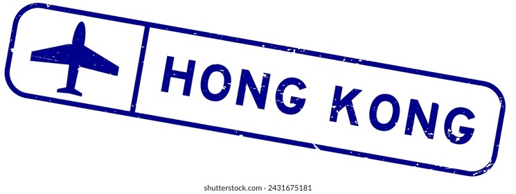 Grunge blue hong kong word with plane icon square rubber seal stamp on white background