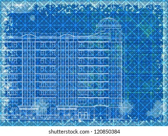Grunge blue horizontal architectural background with elements of plan and facade drawings. Eps10