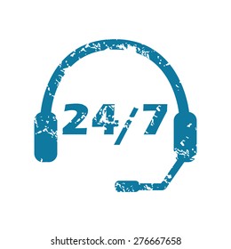 Grunge blue icon with headset and text 24 per 7, isolated on white