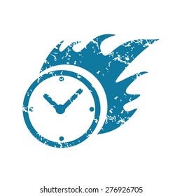 Grunge blue icon with image of burning clock, isolated on white