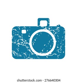 Grunge blue icon with image of camera, isolated on white
