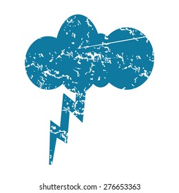 Grunge blue icon with image of cloud and lightning, isolated on white