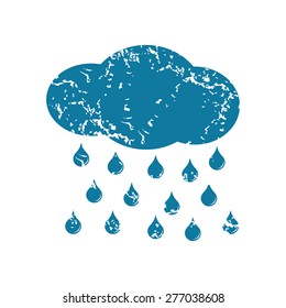Grunge blue icon with image of cloud and falling drops, isolated on white