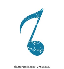 Grunge blue icon with image of eighth note, isolated on white
