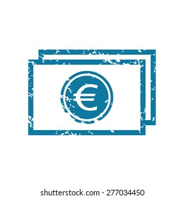 Grunge blue icon with image of euro banknote, isolated on white