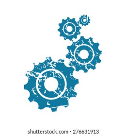 Grunge blue icon with image of four gears, isolated on white