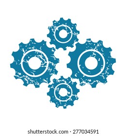 Grunge blue icon with image of four gears, isolated on white
