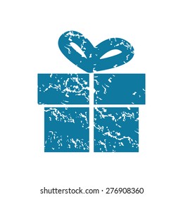 Grunge blue icon with image of gift box, isolated on white