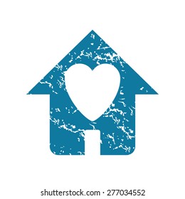Grunge blue icon with image of house and heart, isolated on white