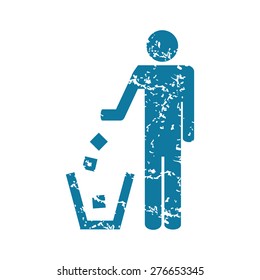 Grunge blue icon with image of man throwing garbage, isolated on white