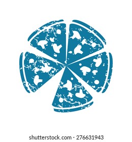 Grunge blue icon with image of pizza cut into slices, isolated on white