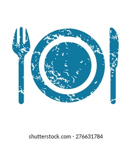 Grunge blue icon with image of plate, fork and knife, isolated on white