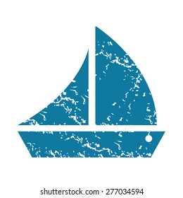 Grunge blue icon with image of sailing ship, isolated on white