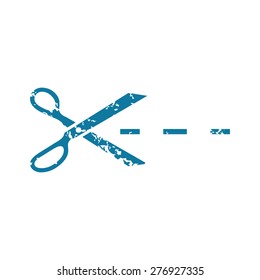 Grunge blue icon with image of scissors cutting along the line, isolated on white