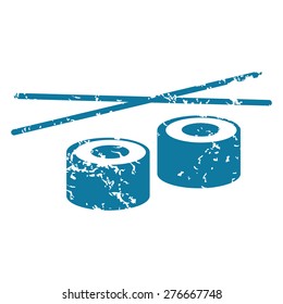 Grunge blue icon with image of sushi rolls and chopsticks, isolated on white