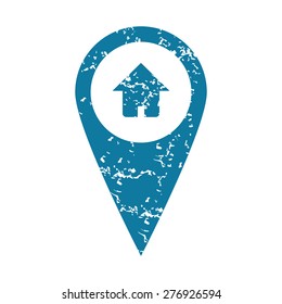 Grunge blue icon with map marker and house image, isolated on white