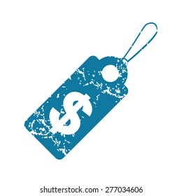 Grunge blue icon with string tag and dollar symbol, isolated on white