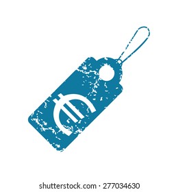 Grunge blue icon with string tag and euro symbol, isolated on white