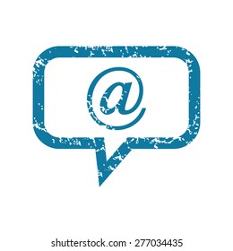 Grunge blue icon with text bubble and at sign, isolated on white